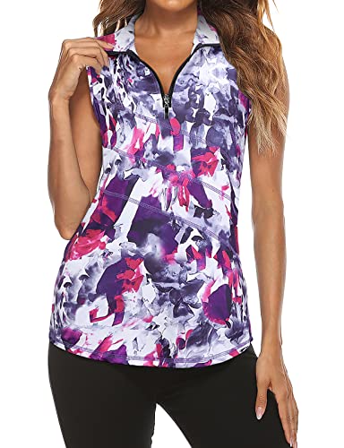 Plus Workout Tank Top for Women,Tanst Sky Women's Golf Shirts Ladies Zip Up Quick Dry Sleeveless Clothes Tennis Cycling Active Wear Loose Fitting Running Yoga Athletic Apparel Tie-Dye Purple XX-Large
