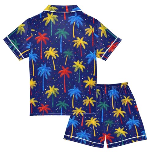 ALAZA Color Palm Tree Blue Satin Pajamas Set Short Sleeve Button Down Sleepwear Summer Pjs 2 Piece2