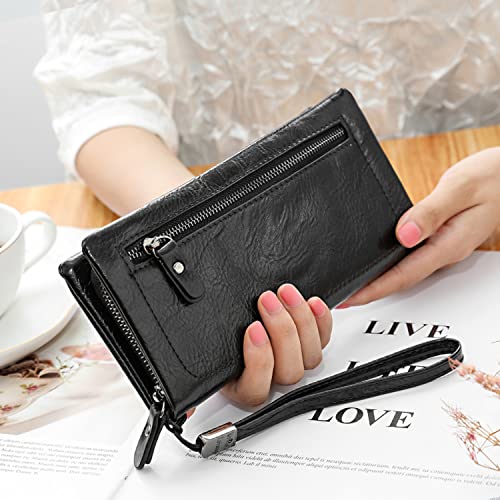 Women Zipper Wallets with Wristlet Large Capacity Long Clutch Checkbook Purse Wallet Oil Wax PU Leather2