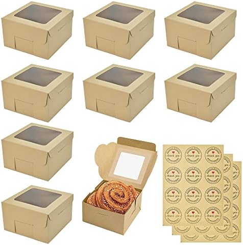 RECHCIGA 25PCS Bakery Boxes with Window Kraft Paper Cake Boxes Single Cupcake Boxes Mini Pastry Boxes Brown Kraft Gift Box with Sticker for Cookies Pie Cupcakes Bread Candy Slice Gifts Packaging