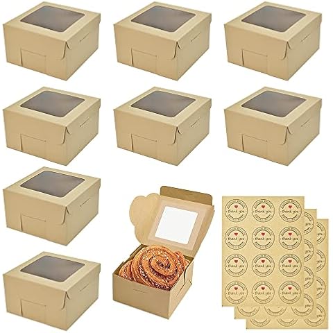RECHCIGA 25PCS Bakery Boxes with Window Kraft Paper Cake Boxes Single Cupcake Boxes Mini Pastry Boxes Brown Kraft Gift Box with Sticker for Cookies Pie Cupcakes Bread Candy Slice Gifts Packaging Cover