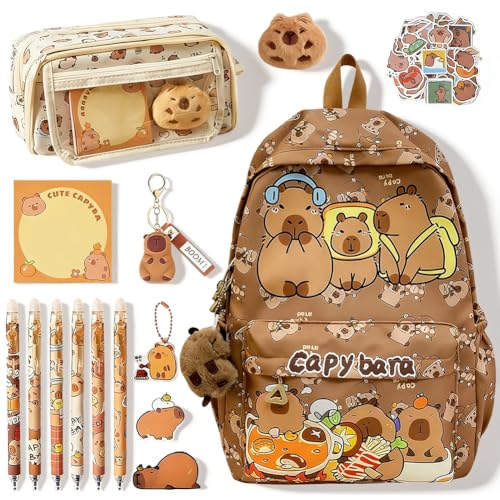 CYGMRFH Capybara Backpack Kids, Mochila Capybara Escolar Schoolbag Gran Capacidad Capibara Boligrafos Borrable de Animales,Capibara Estuche,Plush & Llaveros Portalápices Regalo para Niños