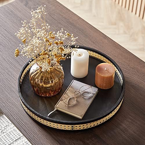 Spinningfield Round Decorative Tray - Black & Cane Rattan Display Tray - Modern Organiser Vanity Tray for Countertop, Table Centrepiece, Dressing & Console Table, Kitchen, Living Room