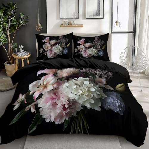 Floral Peony Lily And Hydrangea Duvet Cover Set, Reversible Black Printed Bedding for Teens Adults - Soft Microfiber Quilt Cover with Zipper, Super King Size (260 x 220 cm), 3 Pieces