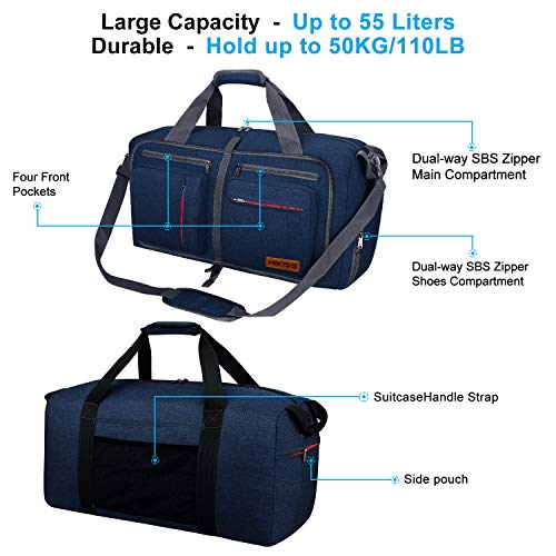 Hi Kiss 55L Travel Duffel Bag, Foldable Weekender Bag with Shoes