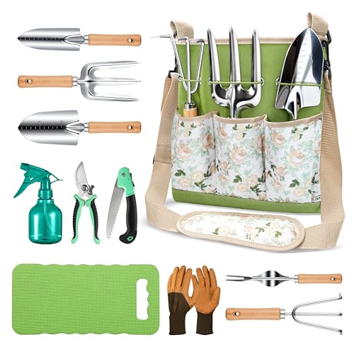 Grenebo All-in-One Garden Tool Set, 11-Piece Heavy Duty Gardening Tools with Ergonomic Canvas Shoulder Crossbody Bag, Rust-Proof Premium Garden Tool Kit, Gardening Gift for Women Men, Green, GR003