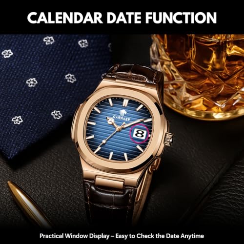 Image of Men Octagonal Rose Gold Luxury Watch for Boy Black Striped Dial, Date Display, Luminous Markers, 30M Waterproof, Leather Strap, Quartz Movement