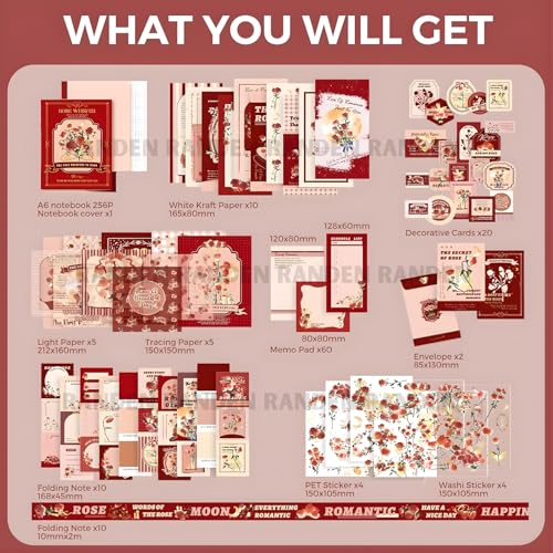 Image of RANDEN journaling kit Aesthetic Stuff Vintage Journal Kit Supplies - 346PCS Scrapbook Stickers & DIY Craft Set for Bullet Journals, Planners, Albums & Notebooks (Rose)