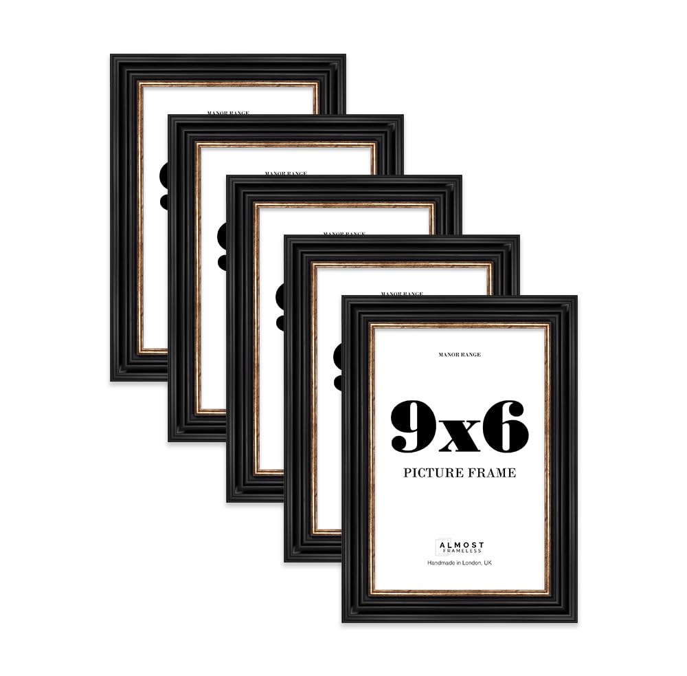 9x6 Picture Frame, Display 9x6 Pictures (15.2 x 22.9cm) - Black & Gold Timeless 42mm Edge Frame for Home Décor - 5 Pack