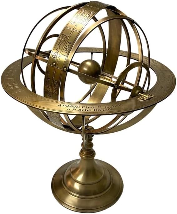18" Astrolabe Brass Armillary Sphere, Zodiac Sign Engraved Armillary Globe, Home & Office Table Top Décor