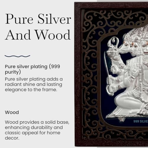 Image of Silver Plating Panchmukhi Hanumanji Frame | Divine Home Decor | Wall Mount SquareFrame for Gift, Wooden PhotoFrame for Temple, OfficeDecor, FestivalsGift | hangingframe (6.50 inch x 6.50 inch Inch)