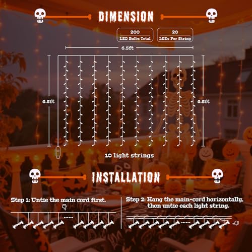 Image of JMEXSUSS Orange Curtain Lights for Halloween, USB Plug in, 200 LED | Remote Control, Halloween Curtain String Lights, 8 Modes Orange Hanging Window Lights for Bedroom Party Indoor Outdoor Decor