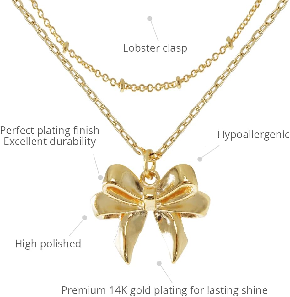 MUSTHAVE Double Chain Bow Necklace, Layered Look, 18K Gold Plated Dainty & Feminine Jewelry for Women, Romantic Necklace, Gift for her, Message Card, Anniversary, 16+2 inch (Yellow Gold) - Image 3