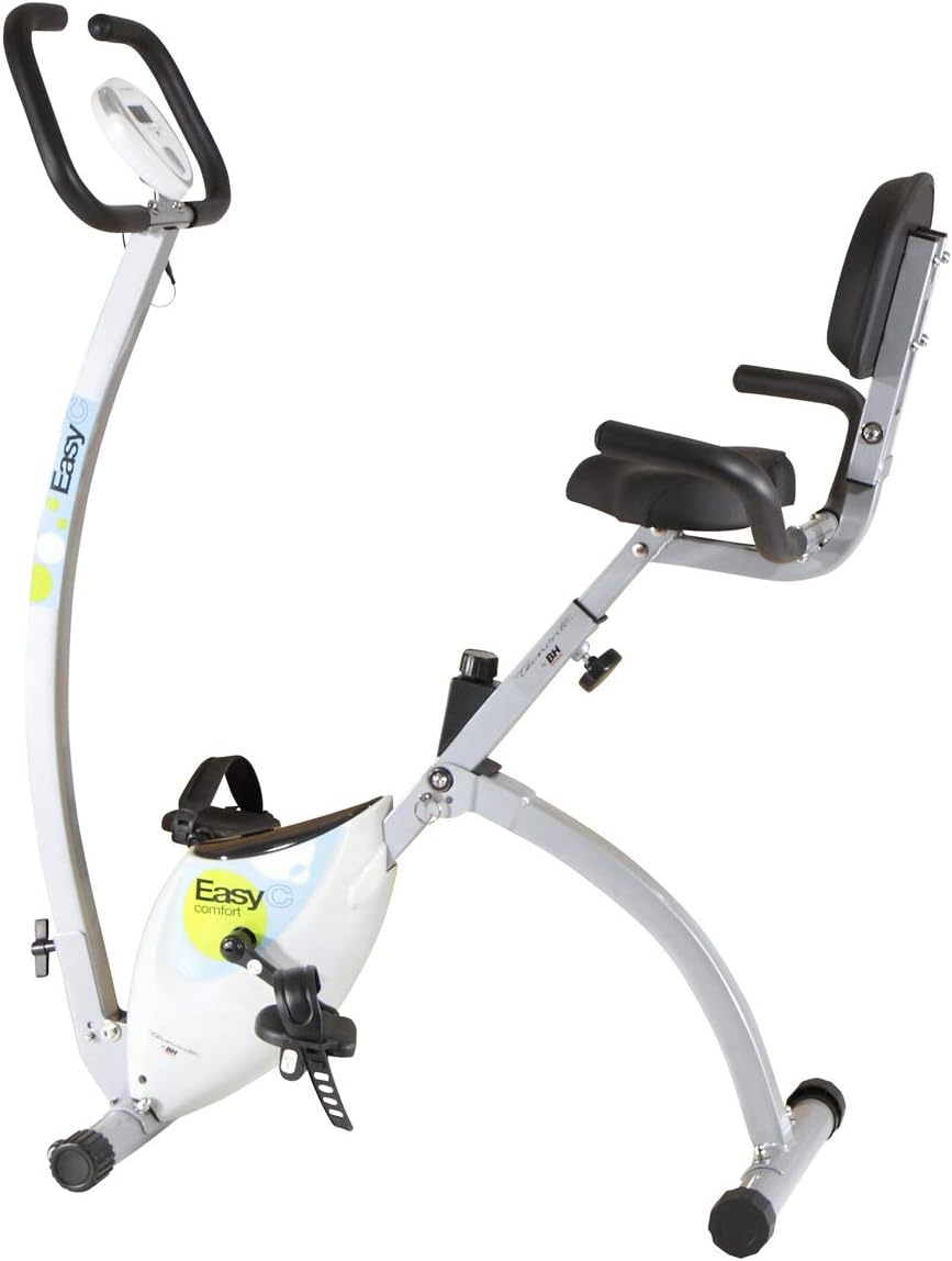Tecnovita by BH Easy C YFAX92. Flywheel 18 lbs. Get in shape in the comfort of your own home! Foldable fitness bicycle. Easy access. Ergonomic saddle with backrest. Lateral support handles. Magentic brake system. Includes wheels. White