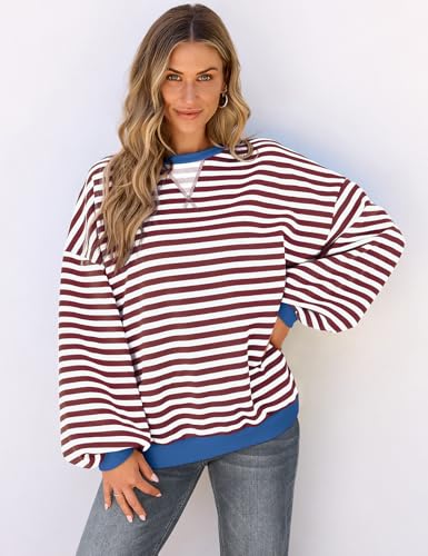 Image of UEU Women Oversized Striped Crewneck Sweatshirt Long Sleeve Color Block Pullover Tops Casual Loose Workout Shirt