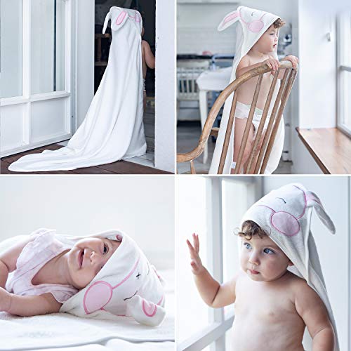 Image of Baby Gift Set - Newborn Gift Bag for Girls and Boys - Welcome Bundle with White Bunny Hooded Towel and Grey Floral Swaddle Blanket