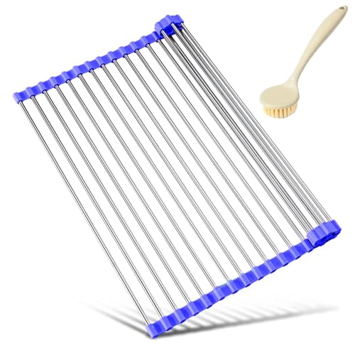 Milton' Store® escurreplatos + Cepillo de Regalo. Ideal para Secar Platos, Utensilios de Cocina, Frutas y Verduras. Escurreplatos Plegable sobre Fregadero, Escurridor Acero Inoxidable (Azul, 43 * 35)