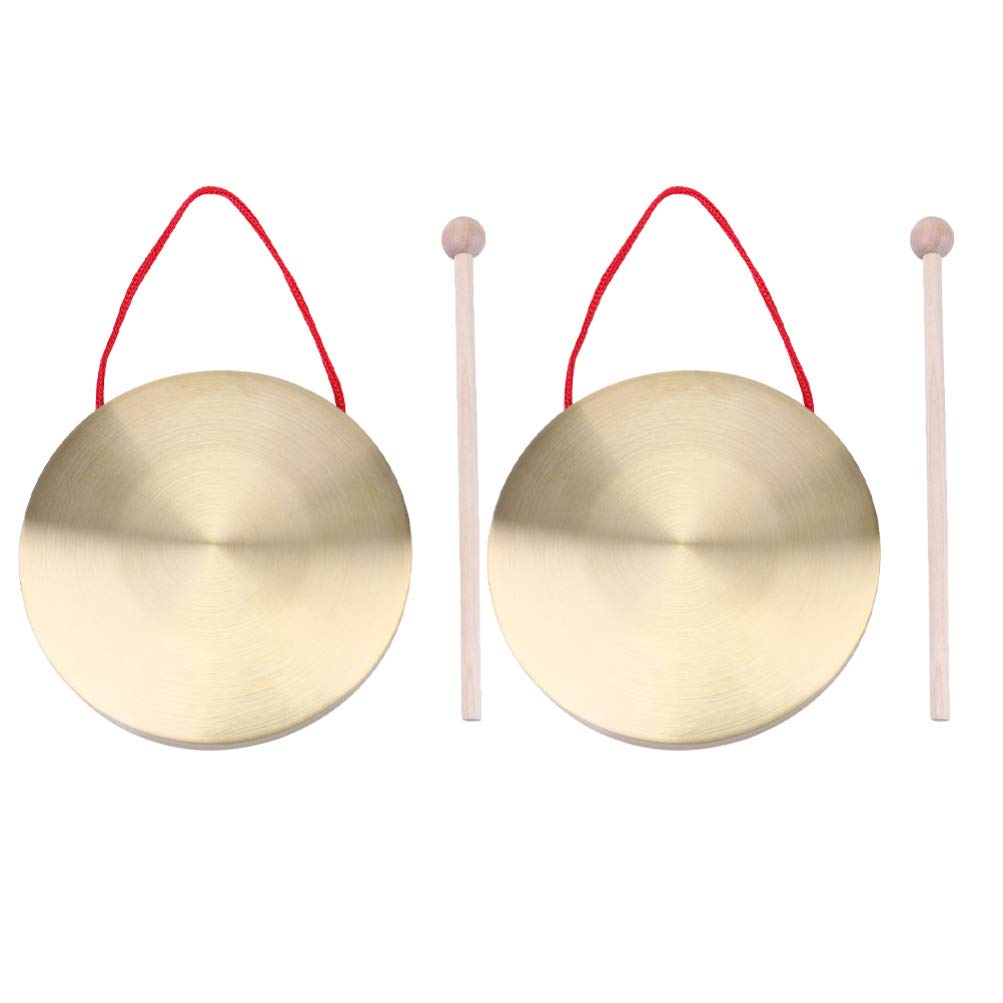 ULTNICE 2 Sets 15cm Copper Hand Gong with Wooden Round Play Hammer Cymbal Percussion Instruments Music Toy Folk Music Tool