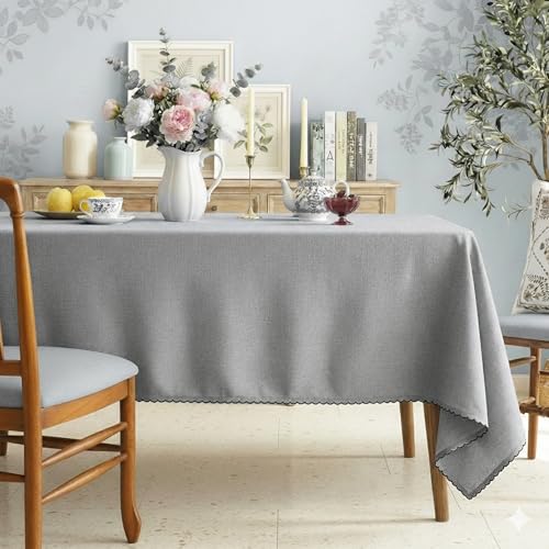 Image of Embroidered Edge Trim Tablecloth - Water & Stain Repellent (100% Cotton) 8 Seater Rectangle Tabelcloth-Deep Grey