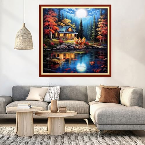 Image of DMCVIVR Stamped Cross Stitch Kits for Beginners Adults Needlepoint Kits for Beginners Embroidery Kits for Adults Crossstitch Kit for Beginners 11CT-Night View by the Lake 18x18 inch