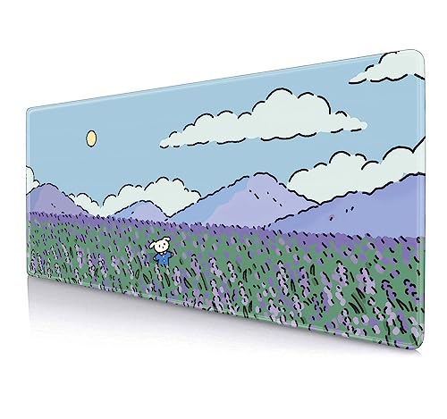 HUOCAIREN Anime Lavendel Schreibtischmatte, niedliches Mauspad, Kawaii-Landschaft, japanische Schreibtischmatte, grün/lila/blau, XL, groß, XXL, Gaming-Tastatur-Mauspad