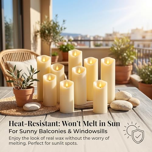 Image of Enido 9pcs Flameless Candles with Remote, 2.2 inch x 5 /6 /7 inch Heat-Resistant Plastic LED Pillar Candles, Battery Operated Moving Wick Fake Candles with Timer, Realistic for Wedding, Outdoor, Home Decor
