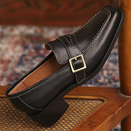 Image of MOOMMO Women Classic Penny Loafers Closed Square Toe Patent Low Heel Loafers Slip On Metal Buckle 2 inch Chunky Heel Casual Office Ladies Chic Dress Loafer Shoes Size 4-11 M US