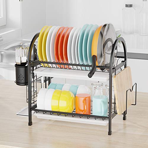 Cambond Dish Drying Rack, 2 Tier Dish Rack with Pot Holder, Pan Rack Organizer, Drain Board, Utensil Holder and Cutting Board Holder, Rustproof Dish Drainer for Kitchen Countertop, Black - Thumbnail 2