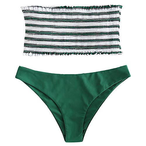 ZAFUL Women's Striped Smocked Bandeau Bikini Set Strapless Shirred Padded Two Piece Swimsuits