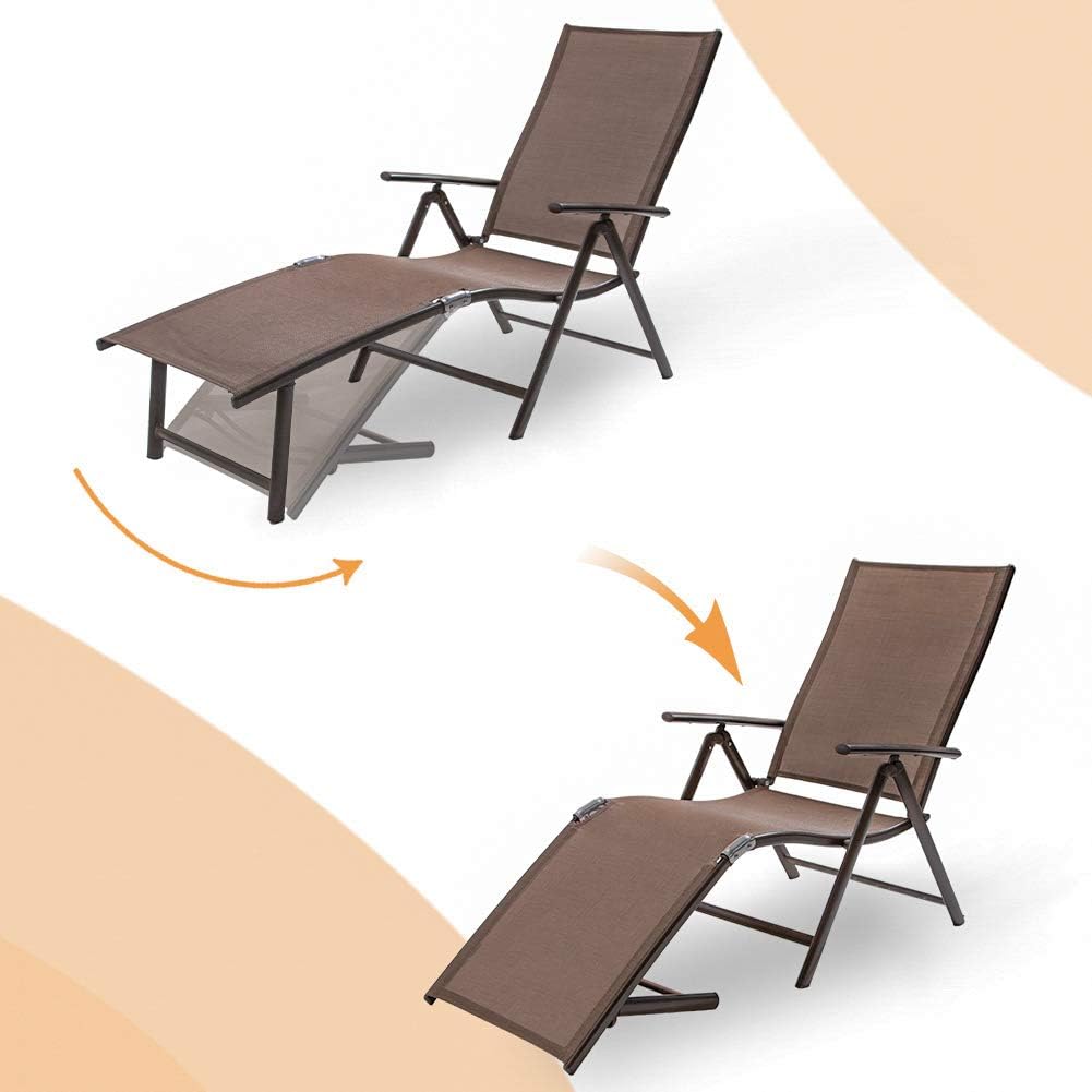 Crestlive Products Aluminum Beach Yard Pool Folding Recliner Adjustable Patio Chaise Lounge Chair Outdoor Indoor for All Weather, Brown Frame (2 PCS Brown) : Patio, Lawn & Garden