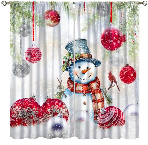wlsgdsg Christmas Snowman Decor Curtains for Kids,Cartoon Fantasy Winter Snow Red Bells Snowflake Christmas Tree Cardinal Gift Window Drapes Print for Boys Girls Bedroom Living Room Kitchen 42x45in