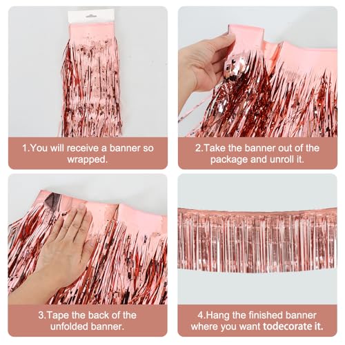 Image of BEISHIDA 3 Packs 30 Feet Metallic Foil Fringe Garland Tinsel Streamers，Shiny Rose Gold Wall Hanging Tinsel Fringe Banners for Wedding Birthday Party Decoration Halloween Christmas New Year