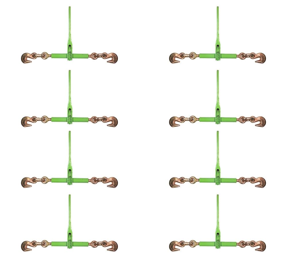 Mytee Products 8 Pack 3/8" - 1/2" Hi-Viz Green Heavy Duty Ratchet Load Chain Binder with Grab Hooks - 9,200 Lbs Working Load Limit - Flatbed Transport Truck Trailer Tie Down Hauling