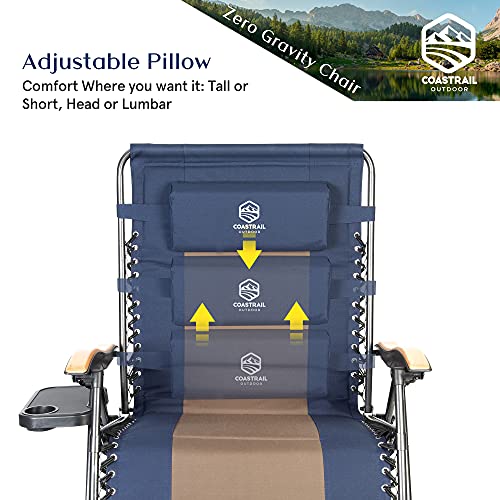 Coastrail Outdoor Zero Gravity Chair Premium Wood Armrest Padded Comfort Folding Patio Lounge Adjustable Recliner With Cup Holder & Side Table, 400Lb Capacity, Navy/Brown #TOP7