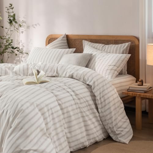 Image of BESTOUCH Duvet Cover Set 100% Washed Cotton Linen Feel Super Soft Comfortable Chic Lightweight 3 PCs Home Bedding Set White & Linen Grey Stripes Twin