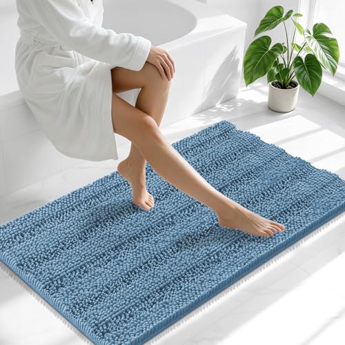 Image of Smiry Thick Chenille Bathroom Runner Rugs 44x24, Extra Absorbent Striped Bath Mat, Machine Washable, Rubber Backing, Long Bath Rugs for Tub & Shower, Modern Home Decor Accessories, Airy Blue