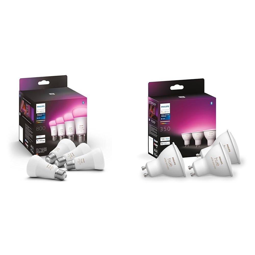 Philips Hue White & Color Ambiance - Pack de 4 ampoules connectées LED E27 60W, 800 lumens & White & Color Ambiance GU10 - Pack de 3 Ampoules Connectées GU10 4.3W, Bluetooth