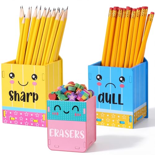 Image of DoubleFill 6 Pcs Sharp Dull Pencil Holder,Yellow Blue Face | Wooden Pencil Shaped Dispenser, Eraser Storage Organizer, For Classroom Management and Teacher Back to School Supplies