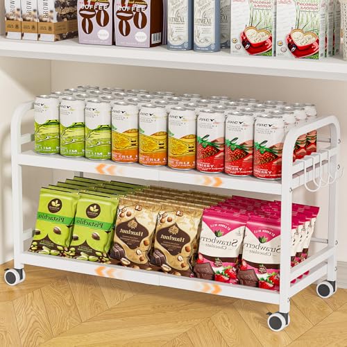 DAOUTIME 2-Tier Expandable Rolling Cart Pantry Storage Cart with Wheels Adjustable Rolling Pantry Floor Organizer Metal Under Desk Cart Sturdy Can Storage & Snack Organizer for Kitchen Pantry