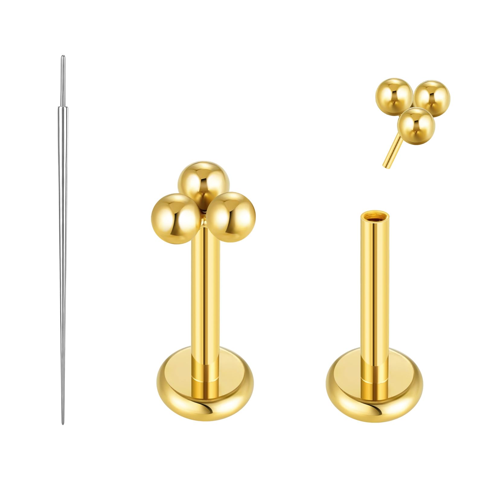 Flat Back Earrings for Women, Helix Tragus Conch Piercing Jewelry, Implant Grade Titanium Earrings, Threadless Nose Studs 18g, Hypoallergenic Cartilage Earring Stud Gold