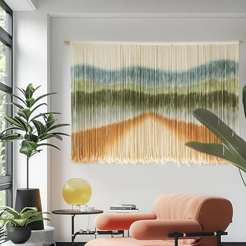 Image of IOWER Macrame Wall Hanging Dip Dye Mountain Wall Art Large Boho Fiber Macrame Wall Decor for Bedroom Living Room Nursery Wedding Backdrop 57 inch W x 35 inch L