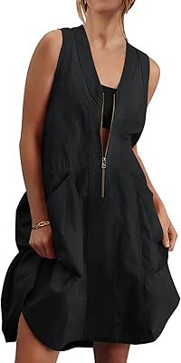 Fisoew Women's Sleeveless Tank Mini Dress Casual Half Zip V Neck Loose Mesh Back Utility Summer Dresses with Pockets