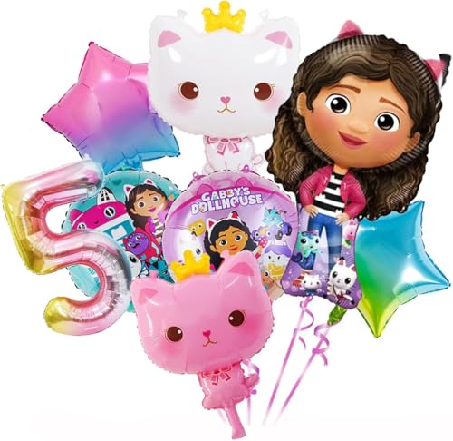 Krilucly 7 piezas gato cumpleaños decoraciones globos para niña 5 años para niños, decoración de cumpleaños, globos aluminio cumpleaños de gatos, gatos tema decoración para niños