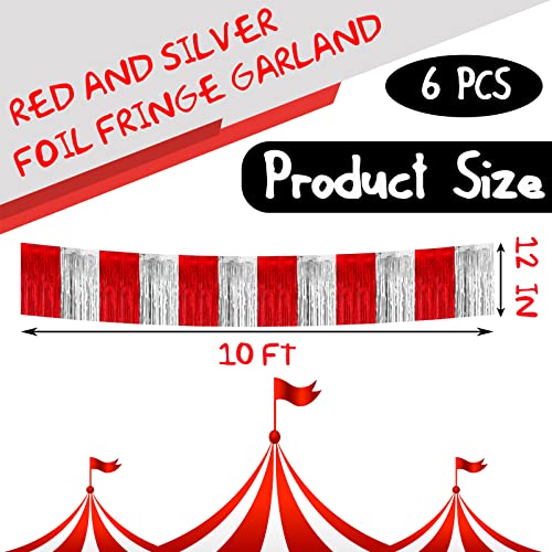 Image of 6 Pack 10 Feet Red Silver Foil Fringe Garland Metallic Tinsel Streamers Banner Wall Hanging Curtain Backdrop Banner for Parade Floats, Thanksgiving, Christmas, Birthday, Halloween Party Decorations
