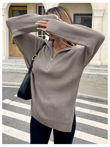 Verdusa Women's Quarter Zip Pullover Sweaters Streetwear Split Ribbed Knit Tops4