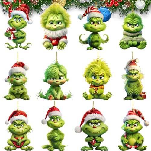 12 Stück Grinch Weihnachtsdeko Anhänger,mit Elastischer Kordel 2D...