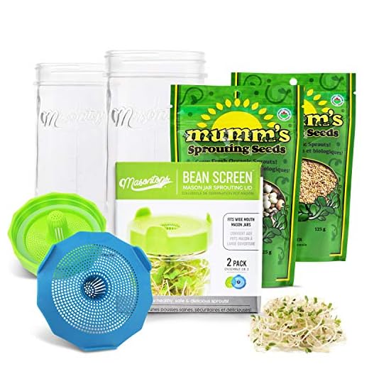 Masontops Complete Bean Sprouting Kit - 2 Mason Jars, 2 Bean Screen Sprouting Lids & 2 Sprout Seed Mixes - Wide Mouth