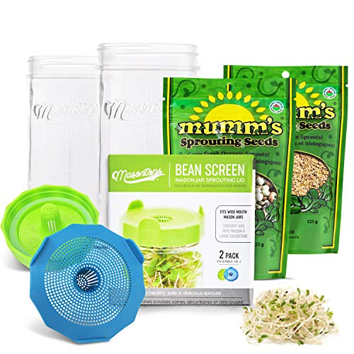 Masontops Complete Bean Sprouting Kit - 2 Mason Jars, 2 Bean Screen Sprouting Lids & 2 Sprout Seed Mixes - Wide Mouth