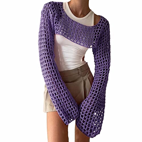 Womens Mesh Crochet Crop Tops See Through Sexy Y2K Long Sleeve Hollow Out Cropped Knit Sweaters Quick Dry Lightweight Summer Casual Beach Bikini Cover Ups