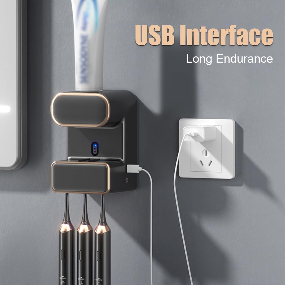 Dispenser Dentifricio Elettrico, USB Porta Spazzolini da Denti Sterilizzante con 3 Slot e Luce UV per Spazzolino, Portaspazzolino Sterilizzatore da Dentifricio per Bagno Vanity